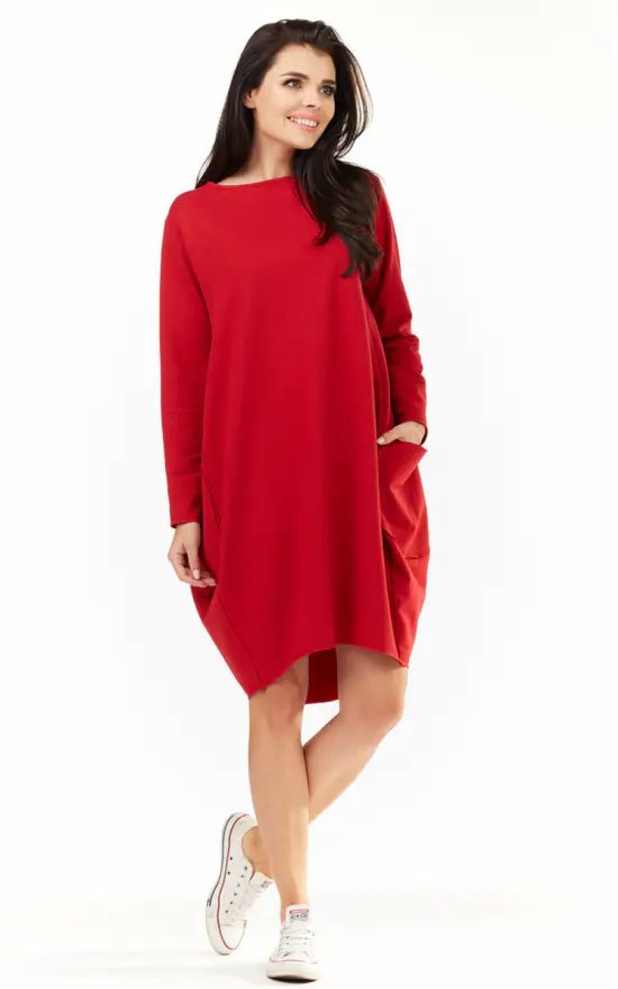 Dresses * | Deals Awama Red Loose Dress With Big Pockets