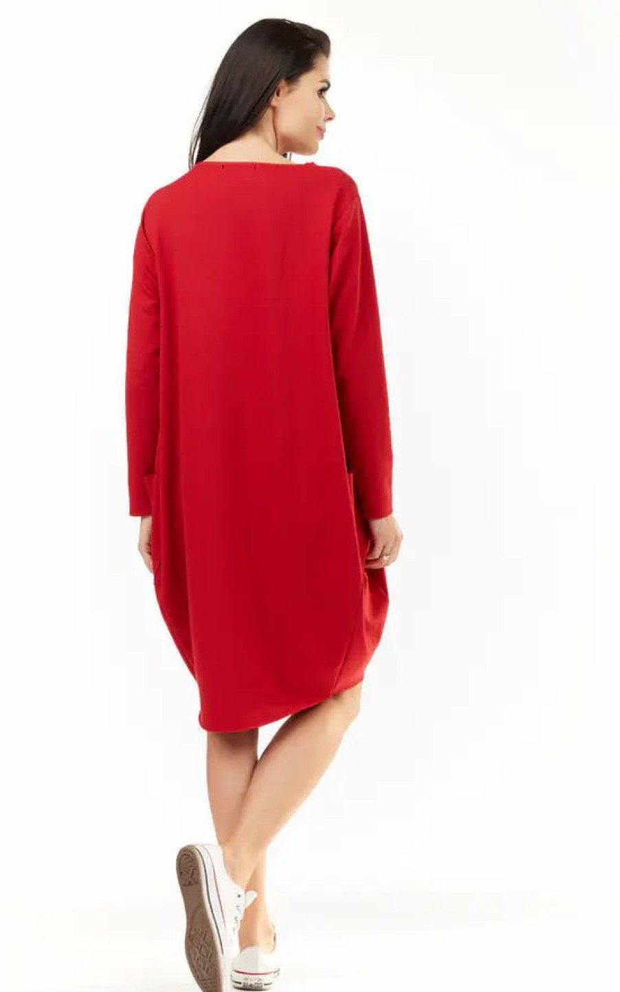 Dresses * | Deals Awama Red Loose Dress With Big Pockets