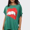 Tops * | Brand New Oops Fashion Harper Lips Graphic Print Oversize Tshirt In Jade Green