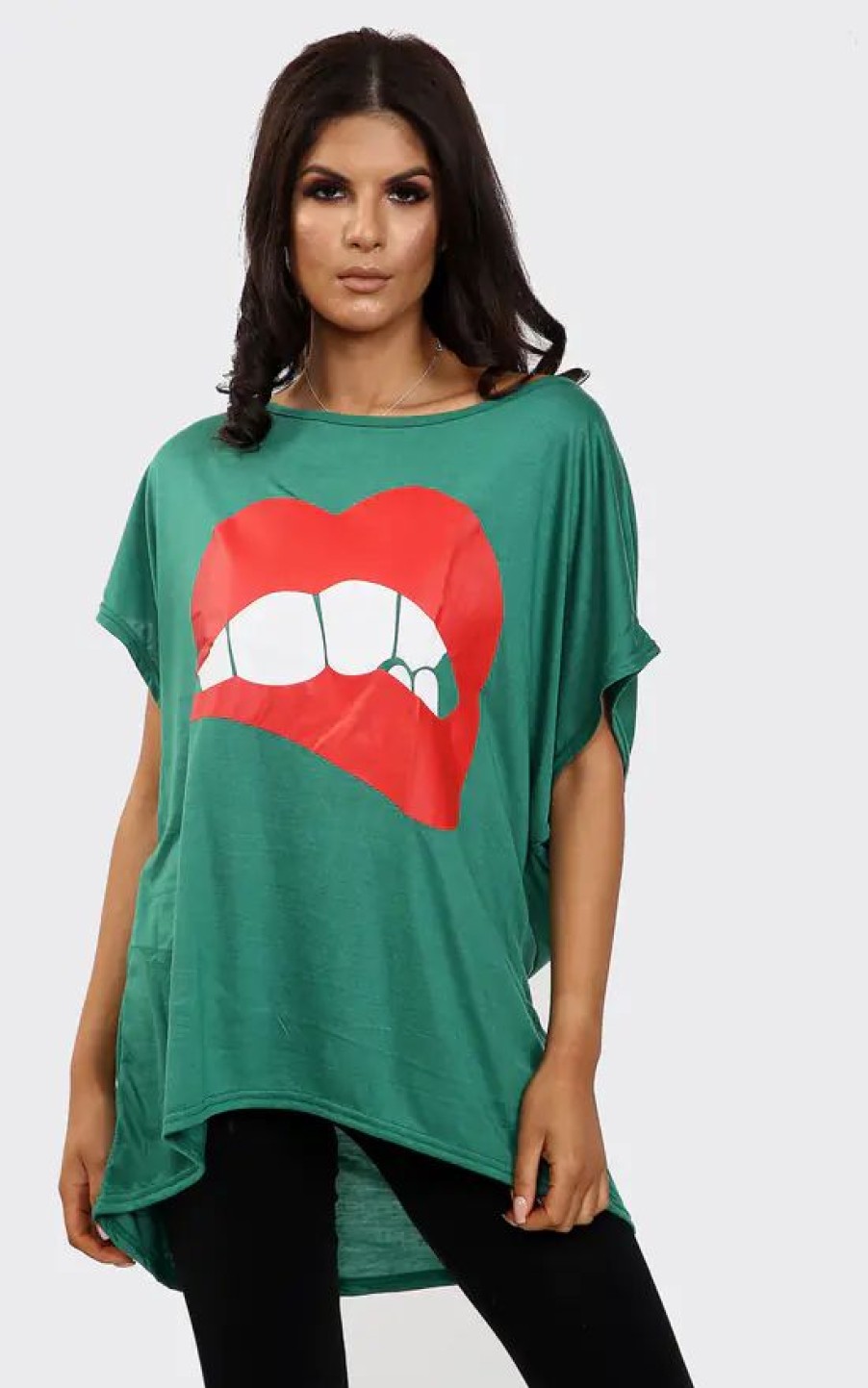 Tops * | Brand New Oops Fashion Harper Lips Graphic Print Oversize Tshirt In Jade Green