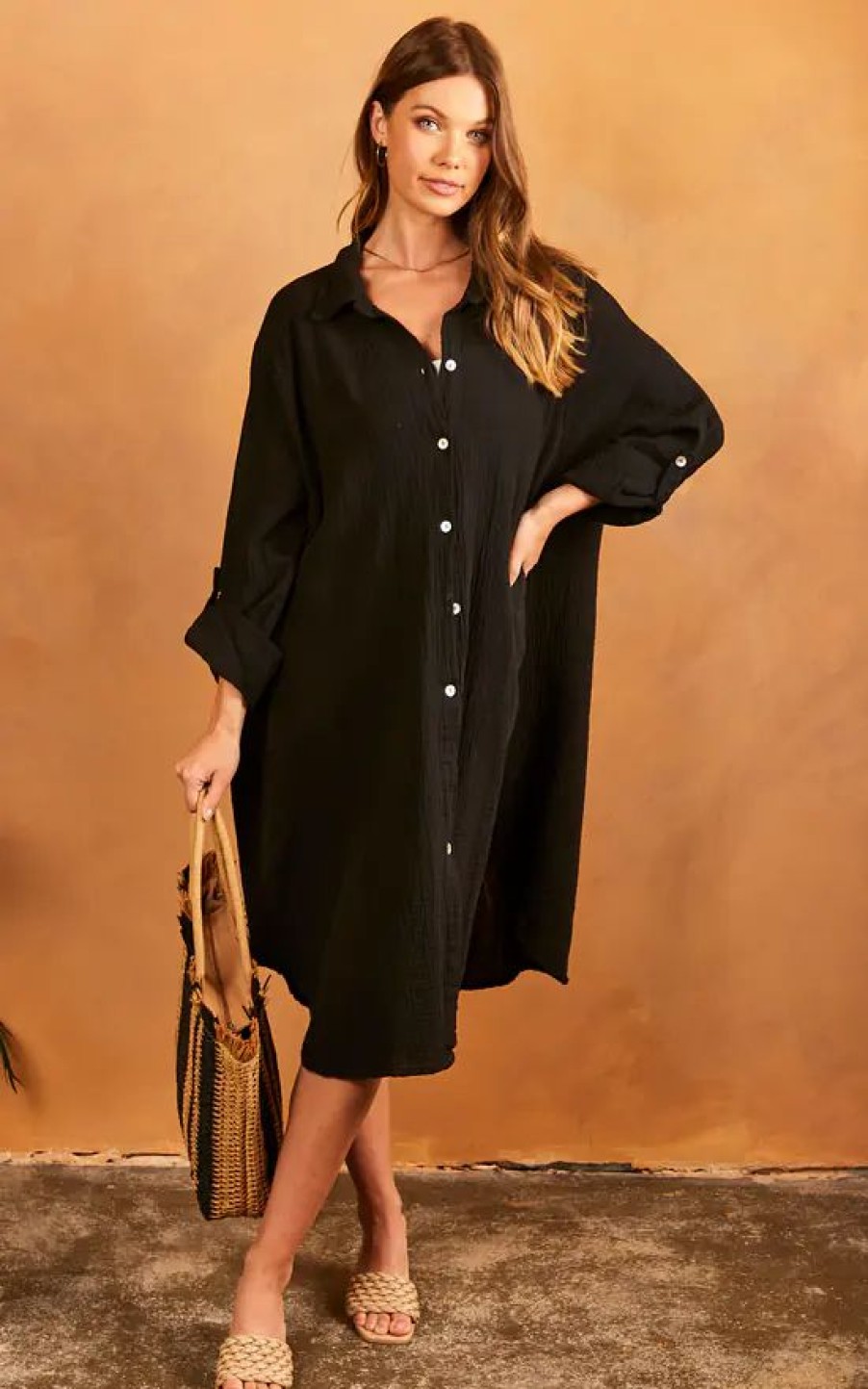 Dresses * | Cheap Bella And Blue Oversized Shirt Dress In Black