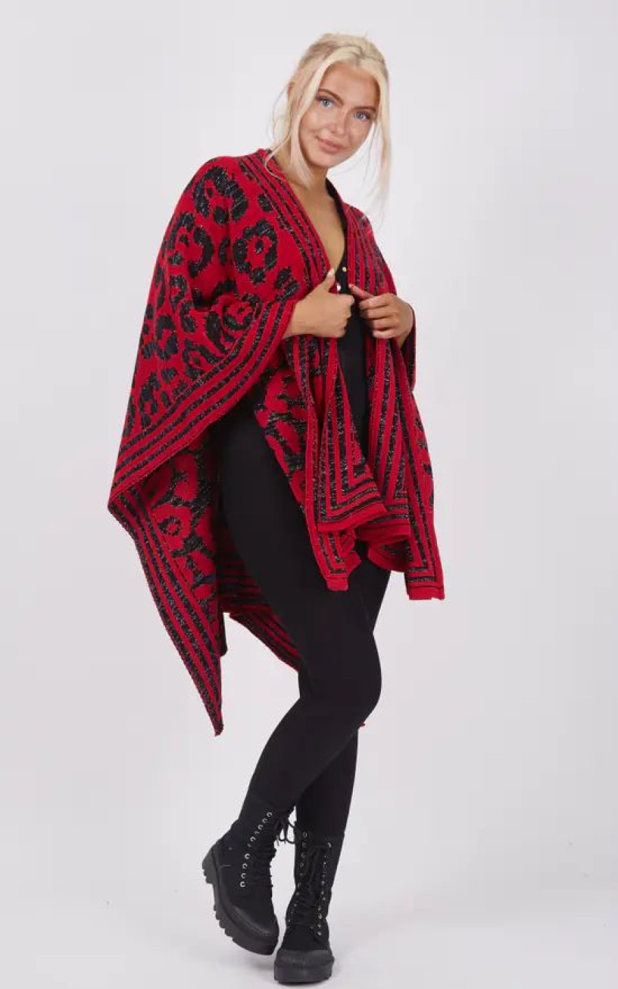 Knitwear * | Outlet Boutique Store Red And Black Animal Print Poncho One Size Fit (10 20)