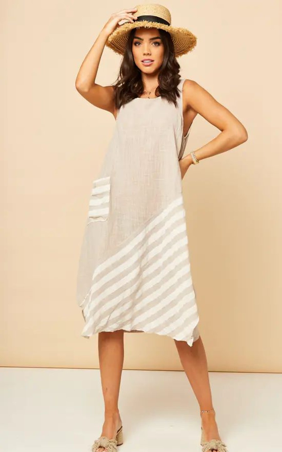 Dresses * | Cheapest Bella And Blue Sleeveless Summer Midi Dress In Beige With White Stripes