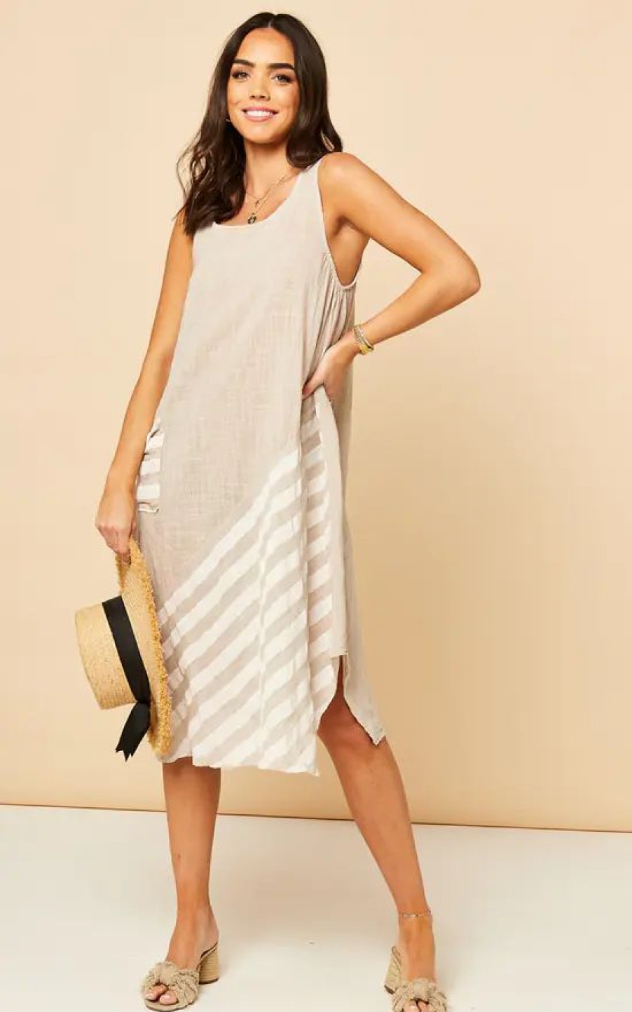 Dresses * | Cheapest Bella And Blue Sleeveless Summer Midi Dress In Beige With White Stripes