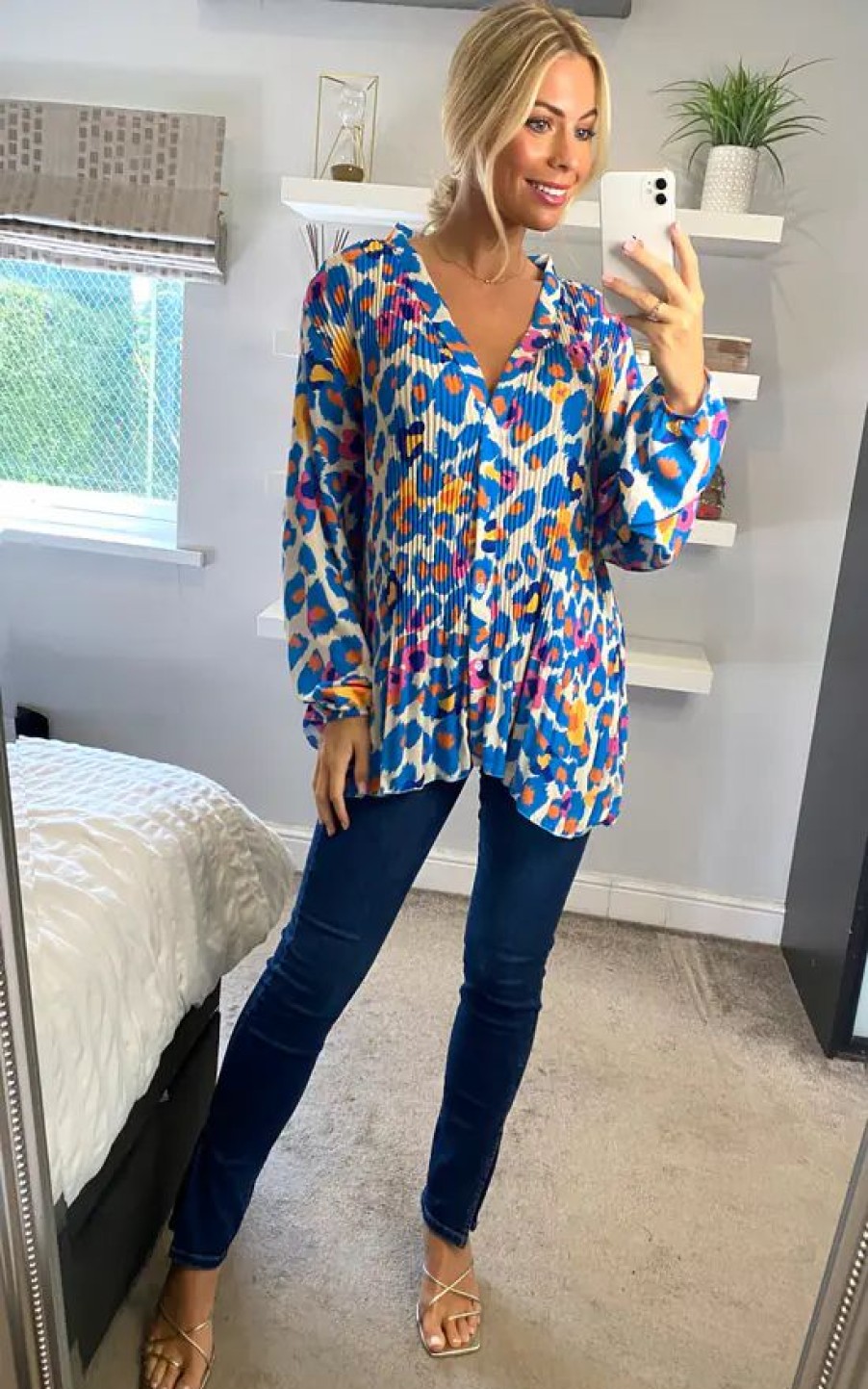 Tops * | Promo Kurt Muller Funky Animal V Neck Pleated Blouse In Blue