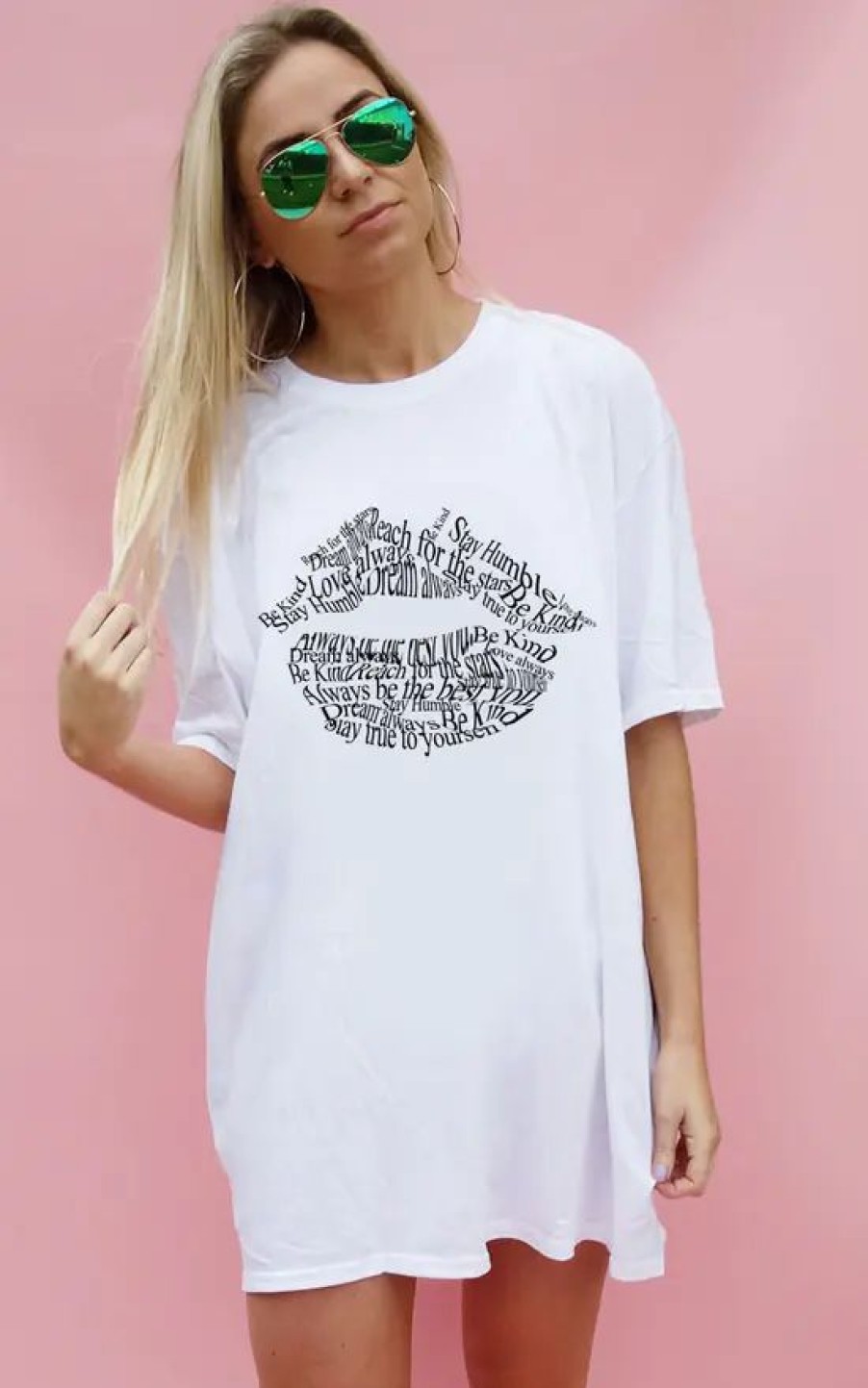 Dresses * | Buy Sade Farrell White Tshirt Dress With Positive Slogan Lip Print