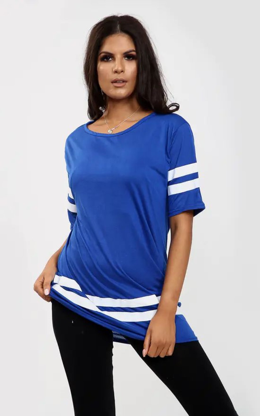 Tops * | New Oops Fashion Striped Sleeve Oversized T Shirt In Royal Blue