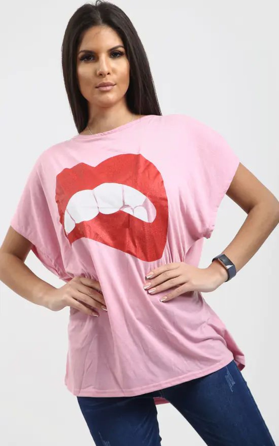 Tops * | Best Pirce Oops Fashion Baby Pink Oversized Batwing T Shirt With Lips Graphic