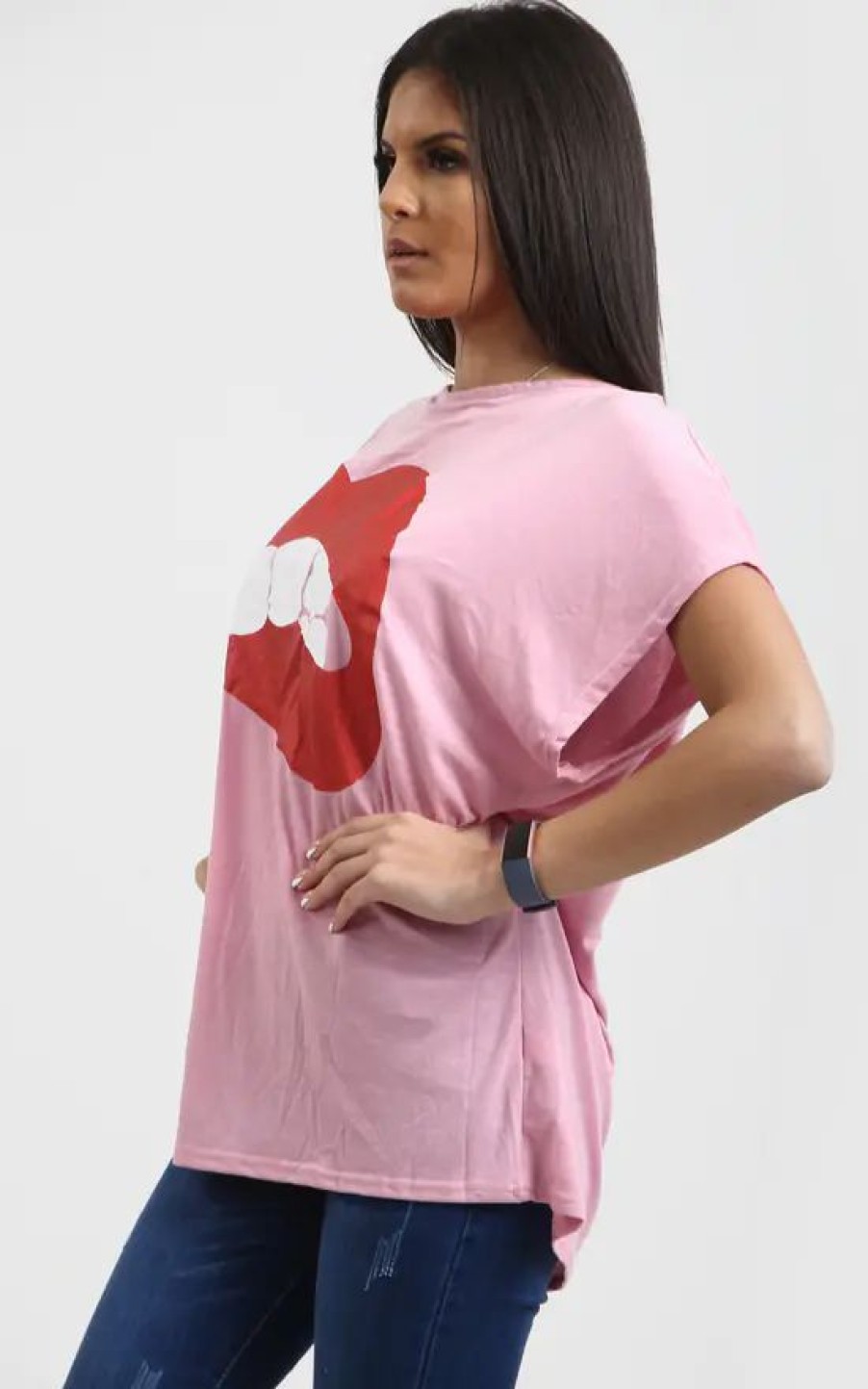 Tops * | Best Pirce Oops Fashion Baby Pink Oversized Batwing T Shirt With Lips Graphic