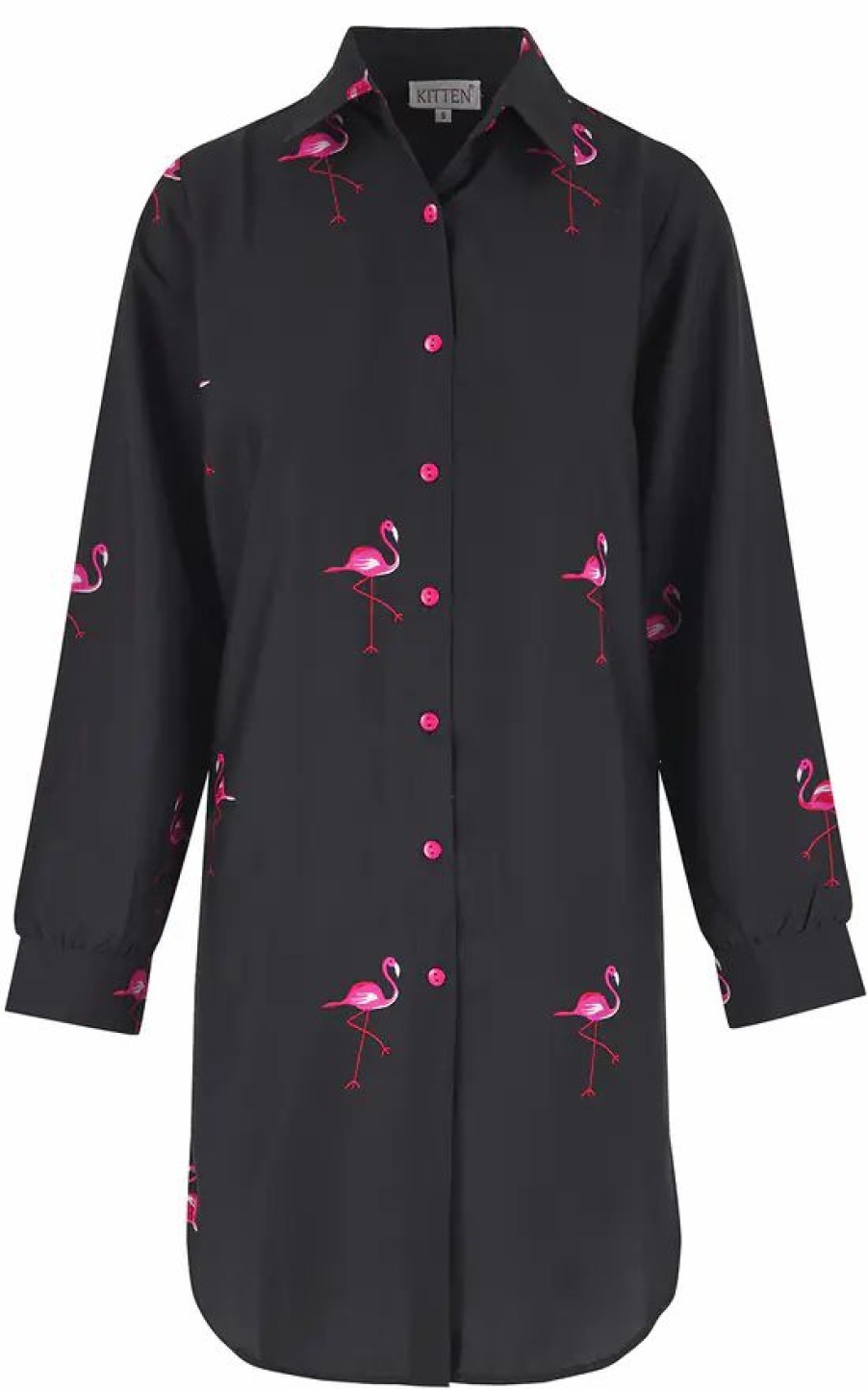 Tops * | Outlet Kitten Beachwear Long Sleeve Oversized Shirt In Black Flamingo