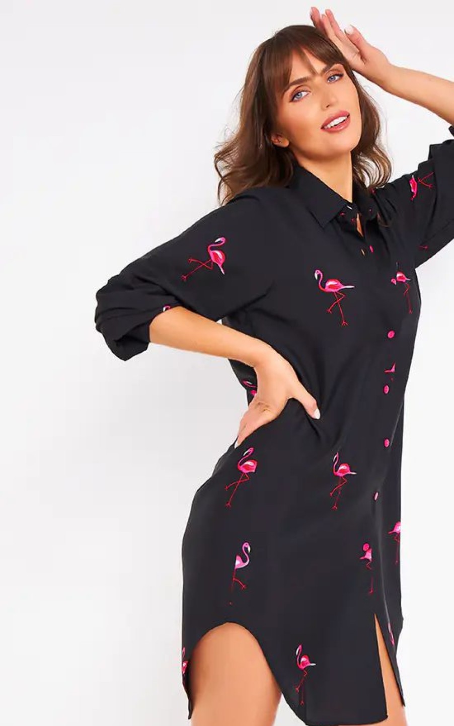 Tops * | Outlet Kitten Beachwear Long Sleeve Oversized Shirt In Black Flamingo