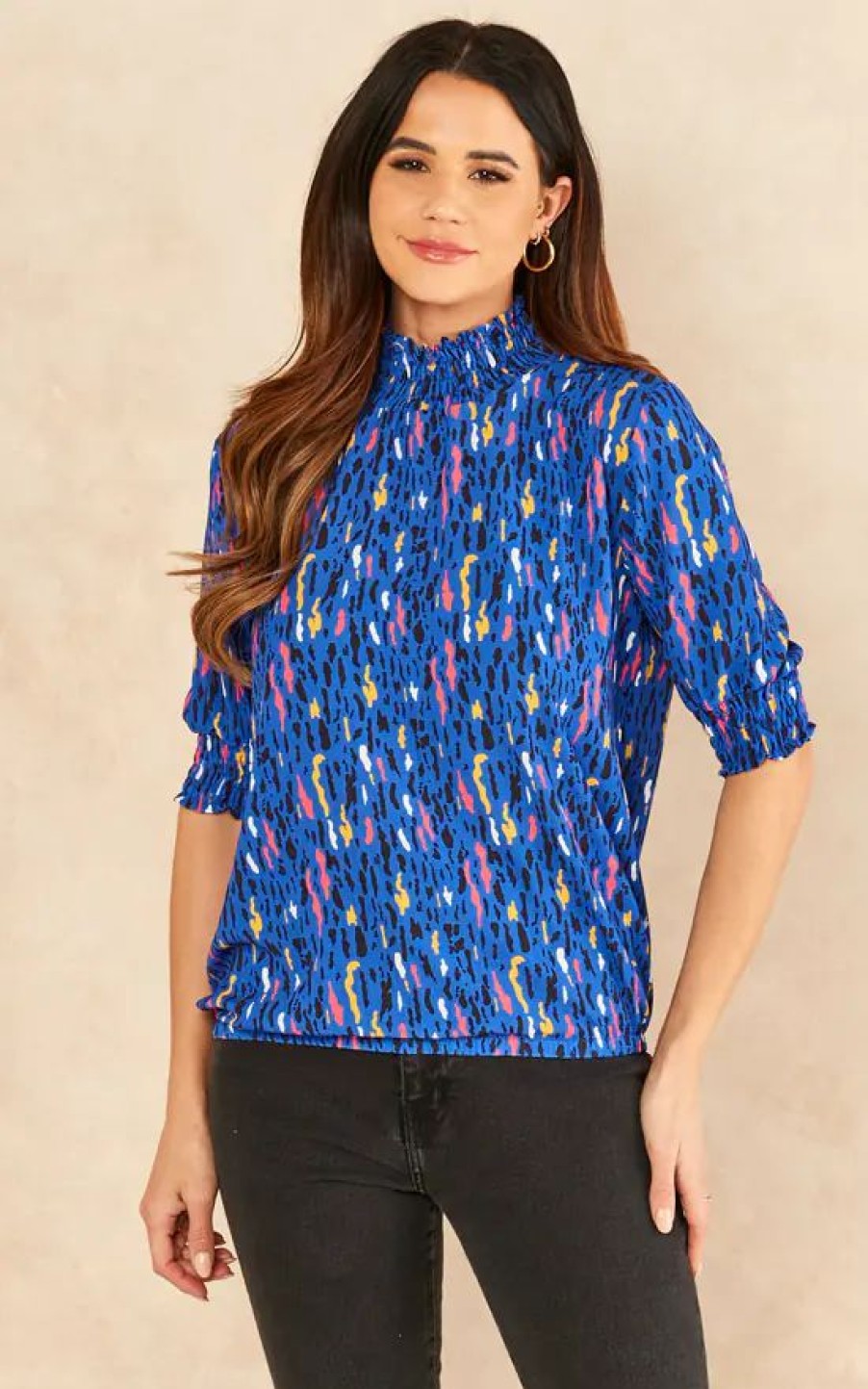 Tops * | New Jenerique High Neck Short Sleeve Top In Sax Blue Multicolour Print