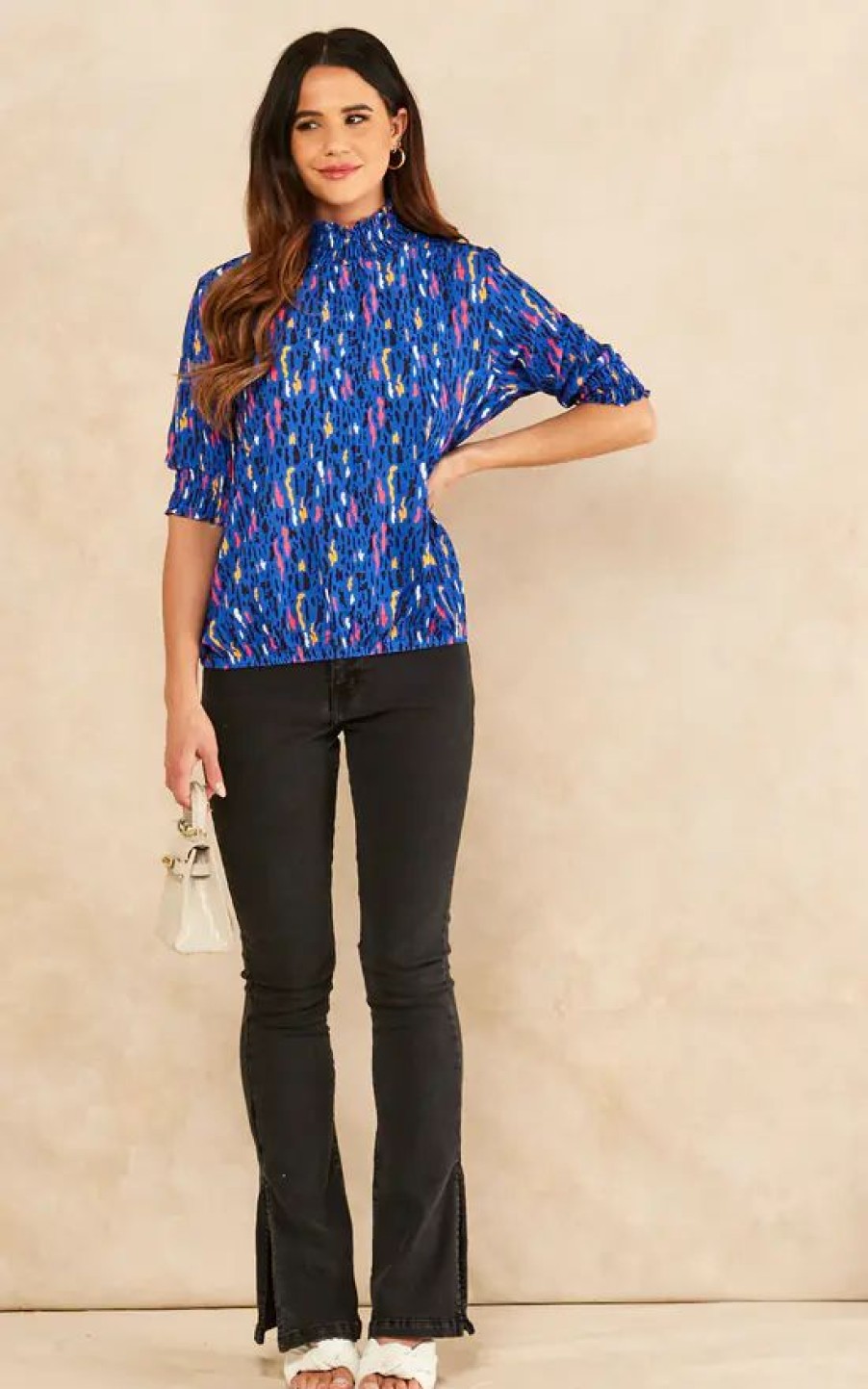 Tops * | New Jenerique High Neck Short Sleeve Top In Sax Blue Multicolour Print