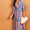 Dresses * | Hot Sale Bella And Blue Patterned Ruffle Sleeve Maxi Dress In Blue