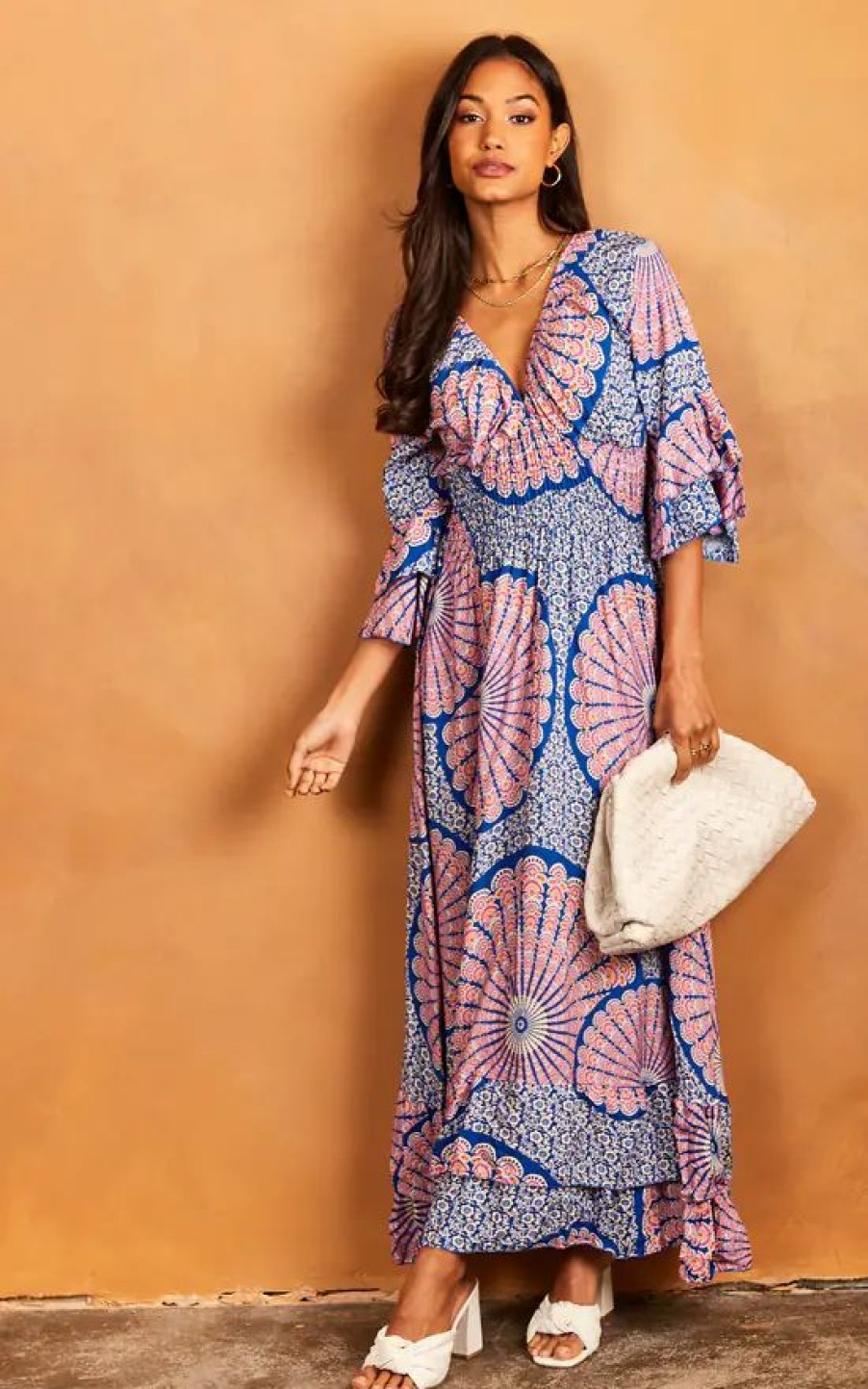 Dresses * | Hot Sale Bella And Blue Patterned Ruffle Sleeve Maxi Dress In Blue