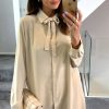 Tops * | Coupon Hoxton Gal Oversized Tie Detailed Tunic Shirt With Long Sleeves In Beige