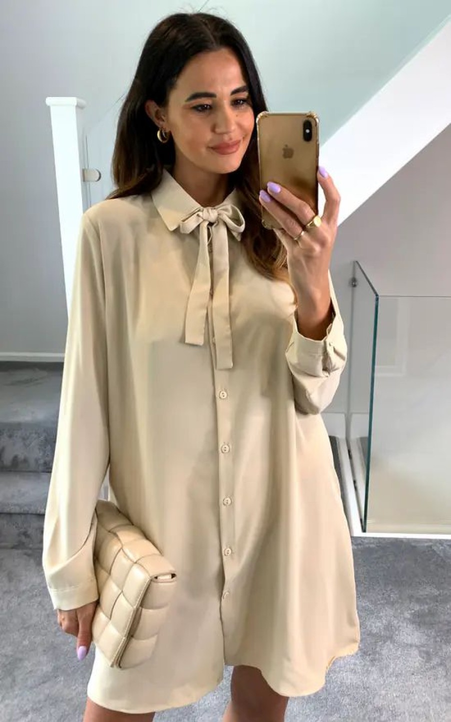 Tops * | Coupon Hoxton Gal Oversized Tie Detailed Tunic Shirt With Long Sleeves In Beige