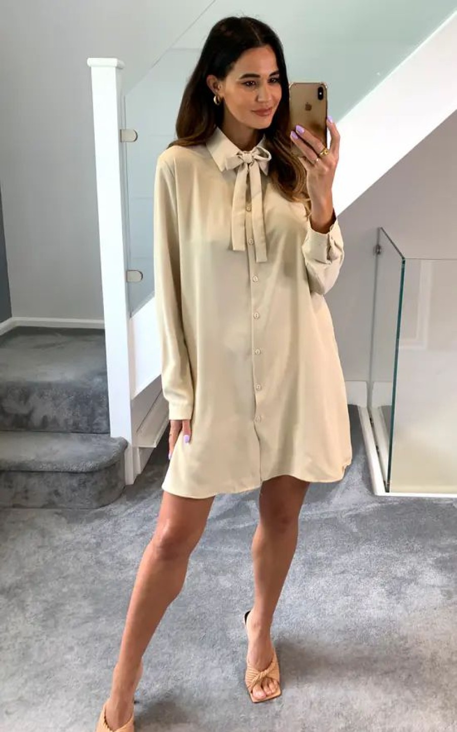 Tops * | Coupon Hoxton Gal Oversized Tie Detailed Tunic Shirt With Long Sleeves In Beige