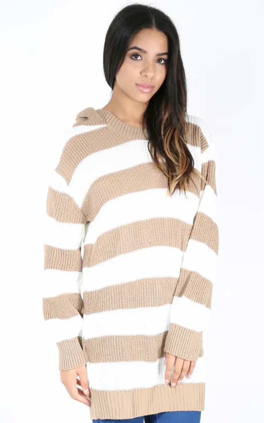 Dresses * | Deals Oops Fashion Beige Jumper Dress With Hood