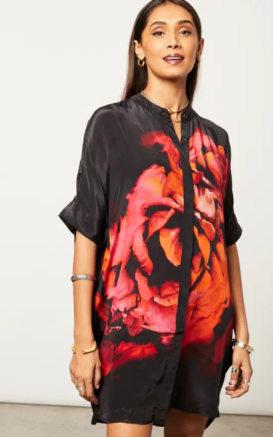 Dresses * | New Religion Oversized Tunic Dress In Large Floral Placement Print