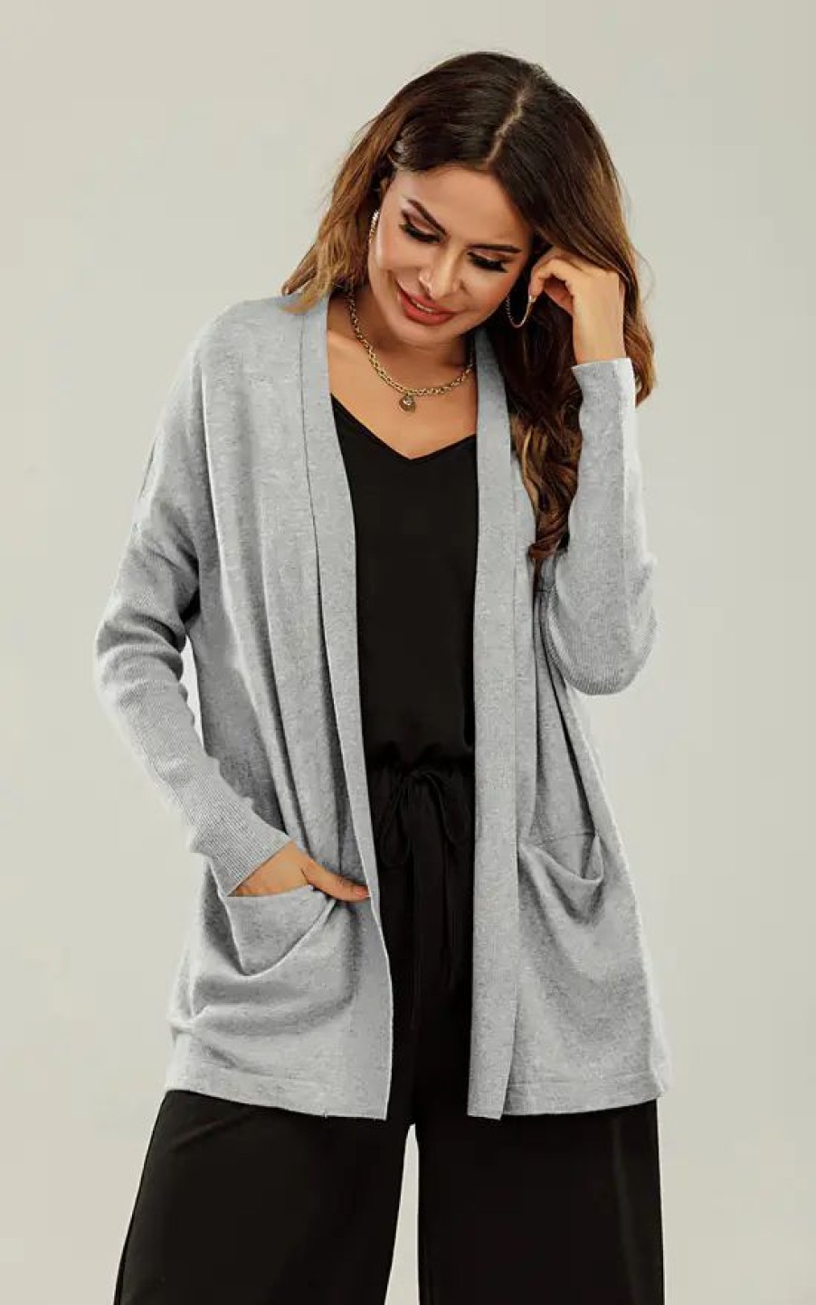 Knitwear * | Cheapest Fs Collection Wool Blend Classic Open Cardigan In Silver Grey