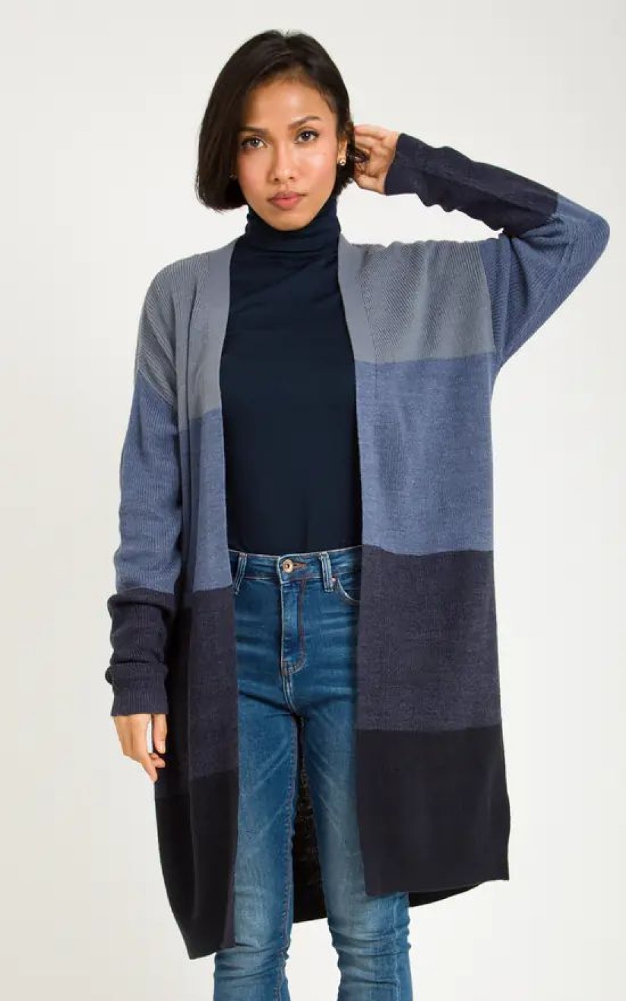 Knitwear * | Cheap Krisp Navy Colour Block Stripe Pattern Longline Cardigan