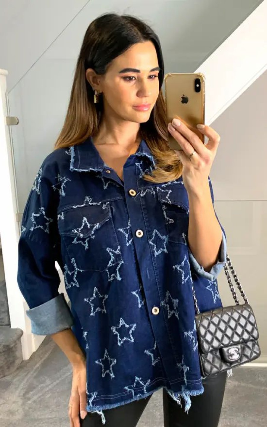 Tops * | Best Deal Hoxton Gal Oversized Star Detailed Denim Shirt With Pocket Details