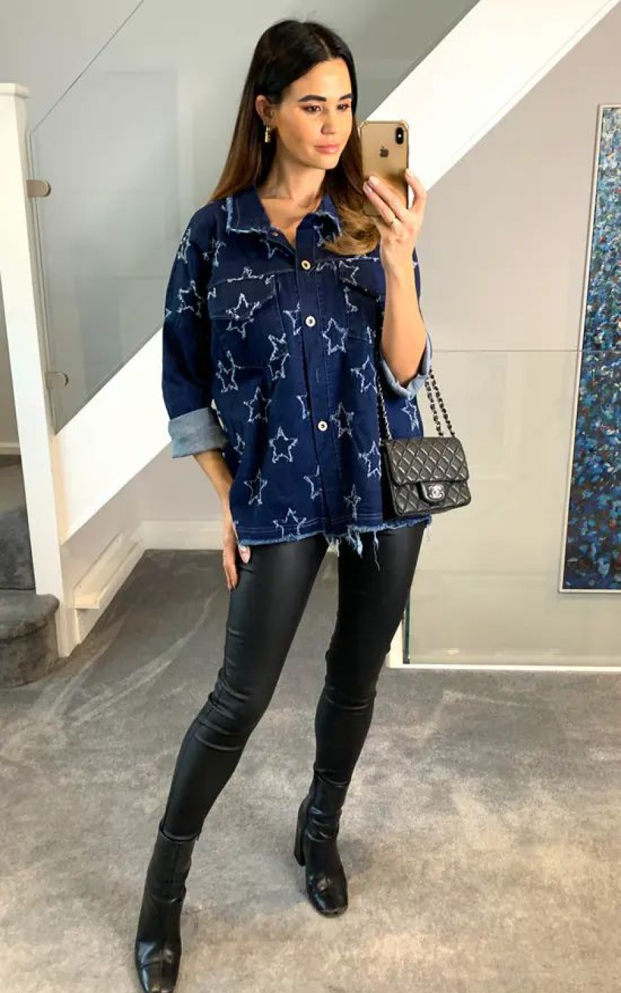 Tops * | Best Deal Hoxton Gal Oversized Star Detailed Denim Shirt With Pocket Details