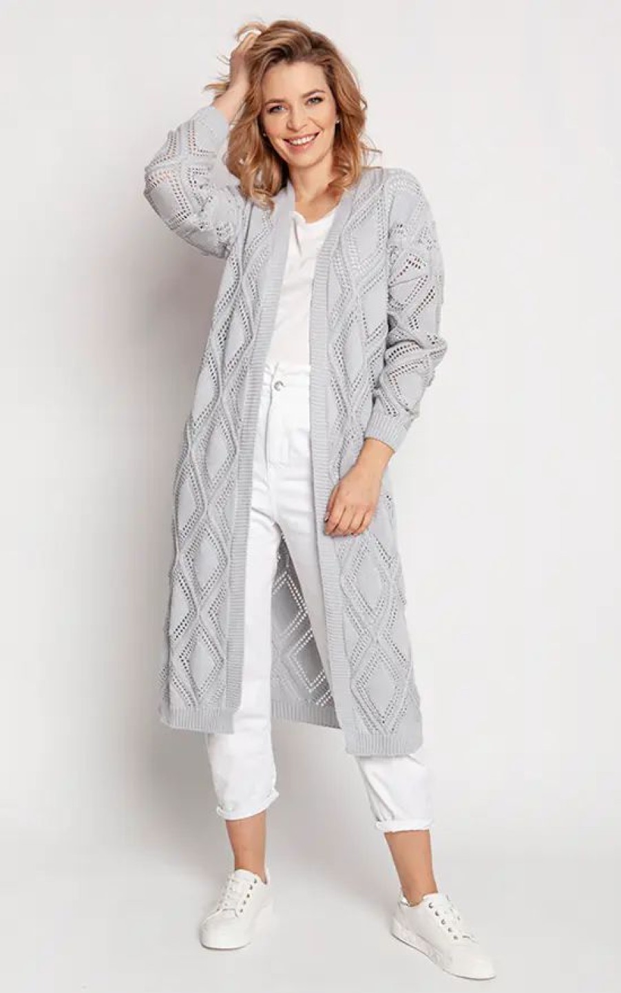 Knitwear * | Best Reviews Of Mkm Knitwear Design Long Open Front Cardigan In Grey