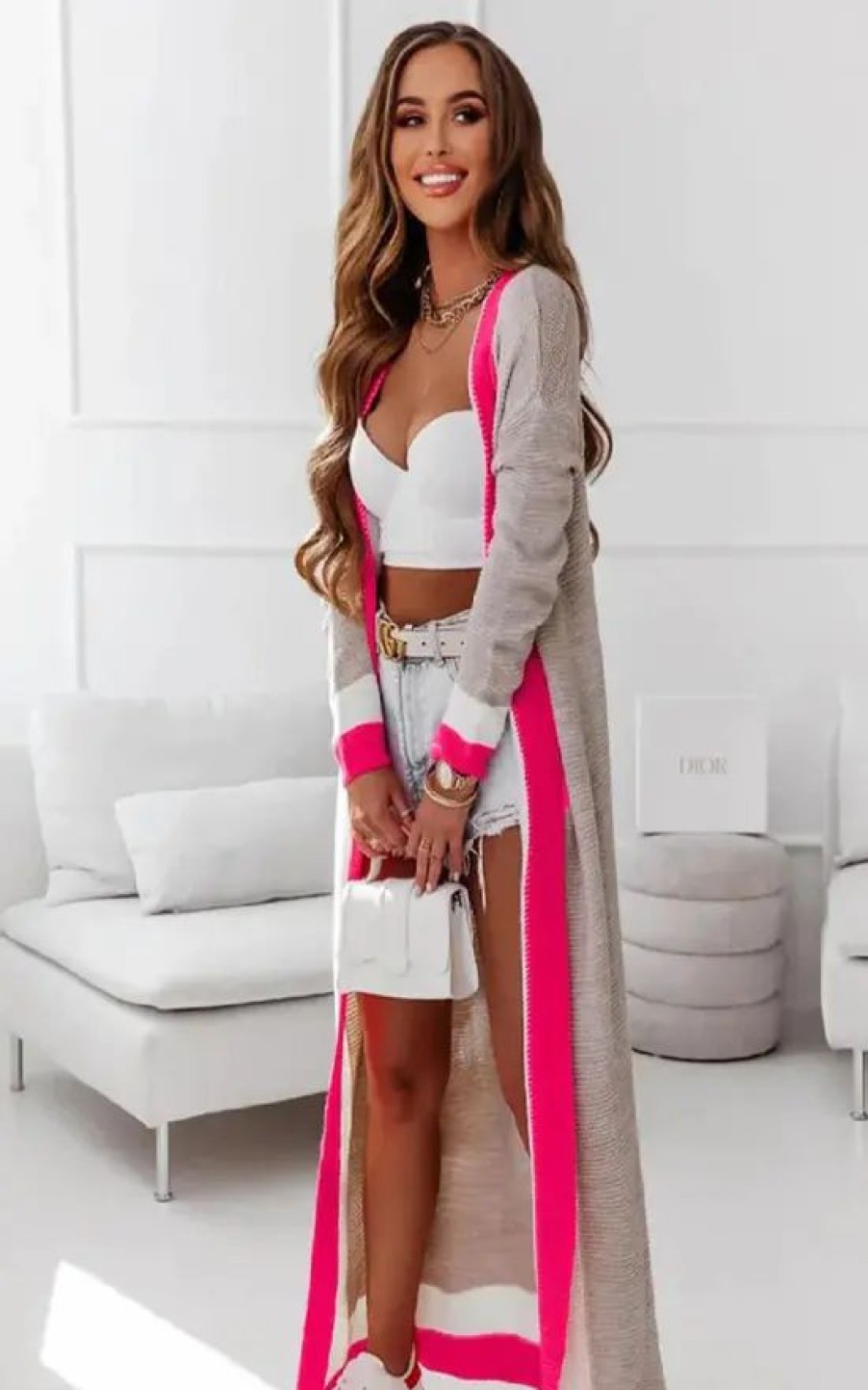 Knitwear * | Cheapest Ikrush Marlowe Beige Maxi Cardigan With Border Details In Pink