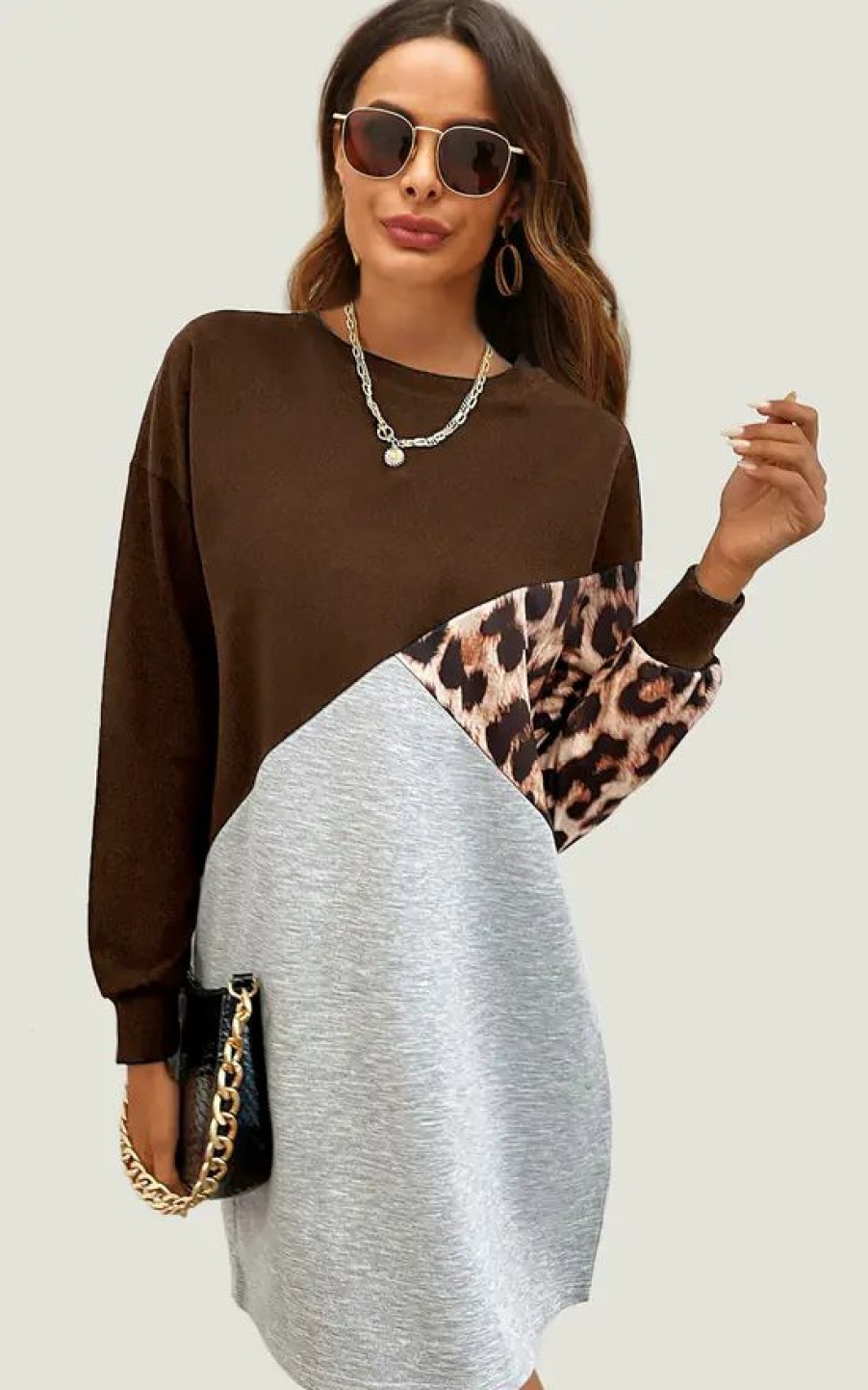 Dresses * | Buy Fs Collection Leopard Print Relaxed Colour Block Top Dress In Brown & Grey