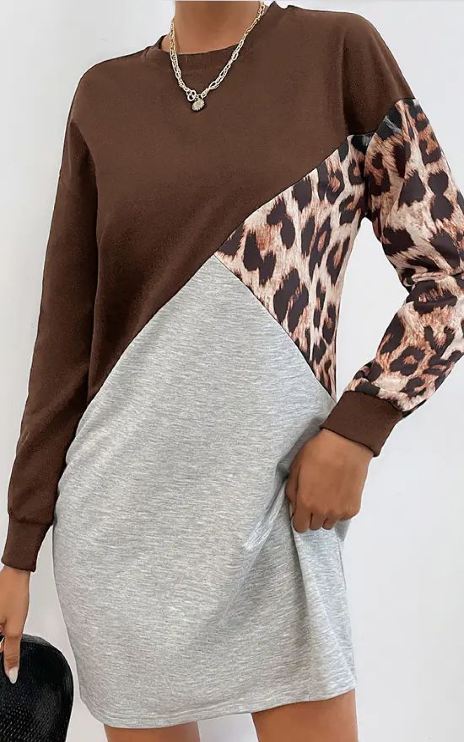 Dresses * | Buy Fs Collection Leopard Print Relaxed Colour Block Top Dress In Brown & Grey