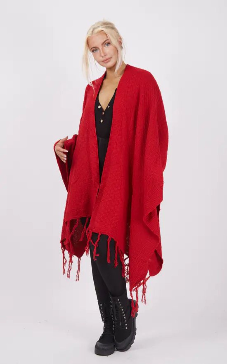 Knitwear * | Coupon Boutique Store Red Knitwear Tassels Poncho One Size Fit (10 18)