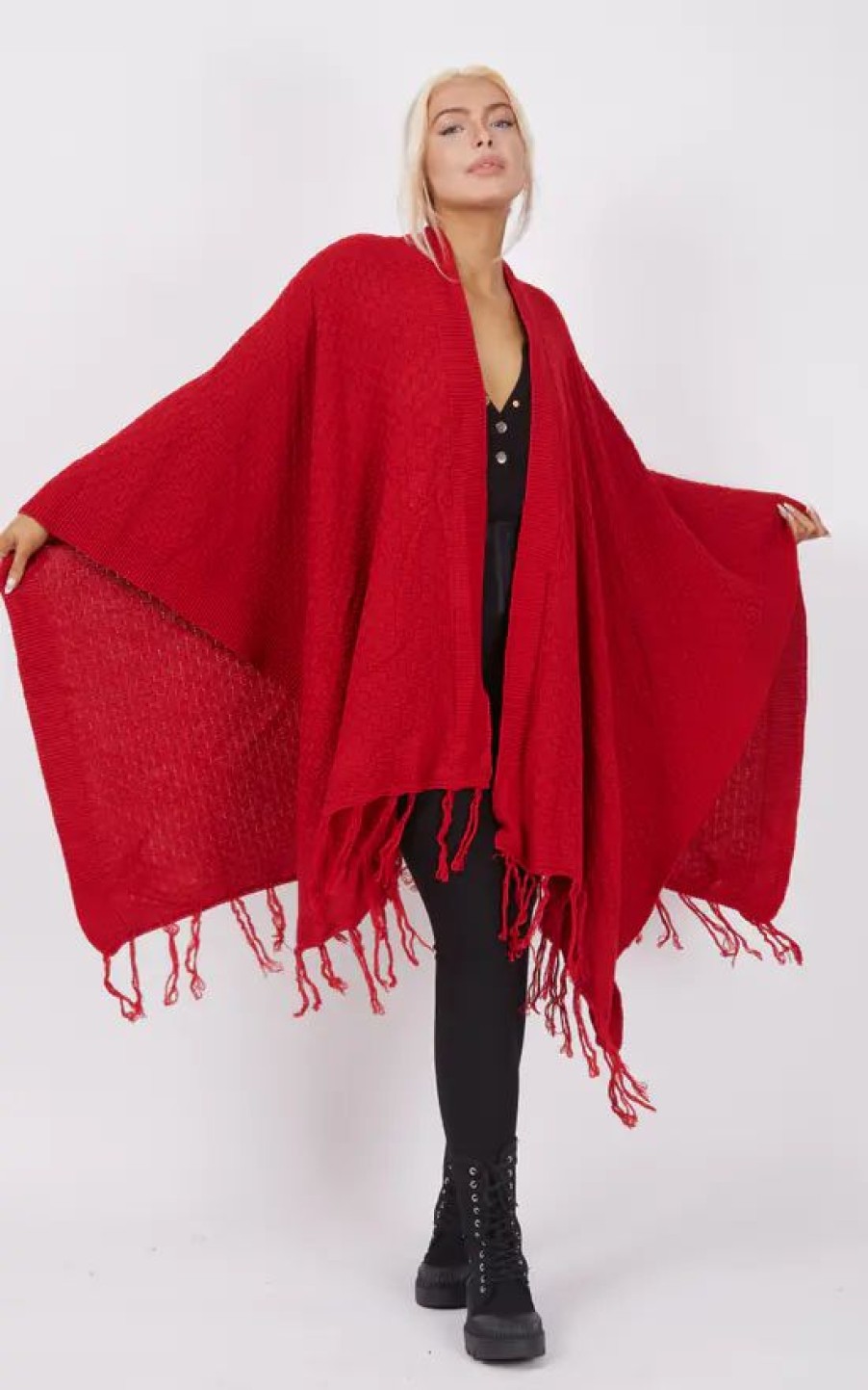 Knitwear * | Coupon Boutique Store Red Knitwear Tassels Poncho One Size Fit (10 18)