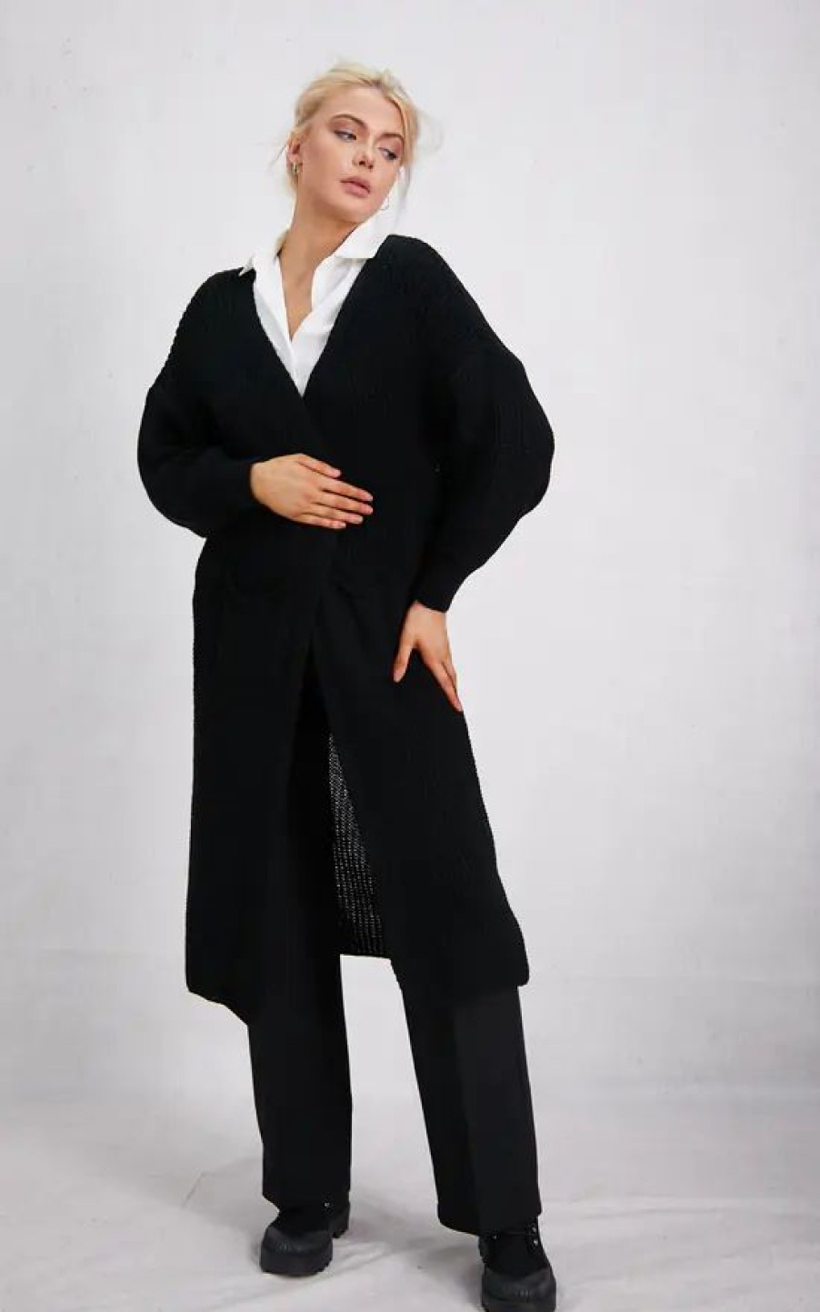 Knitwear * | Outlet Boutique Store Black Oversized Cable Cozy Open Cardigan