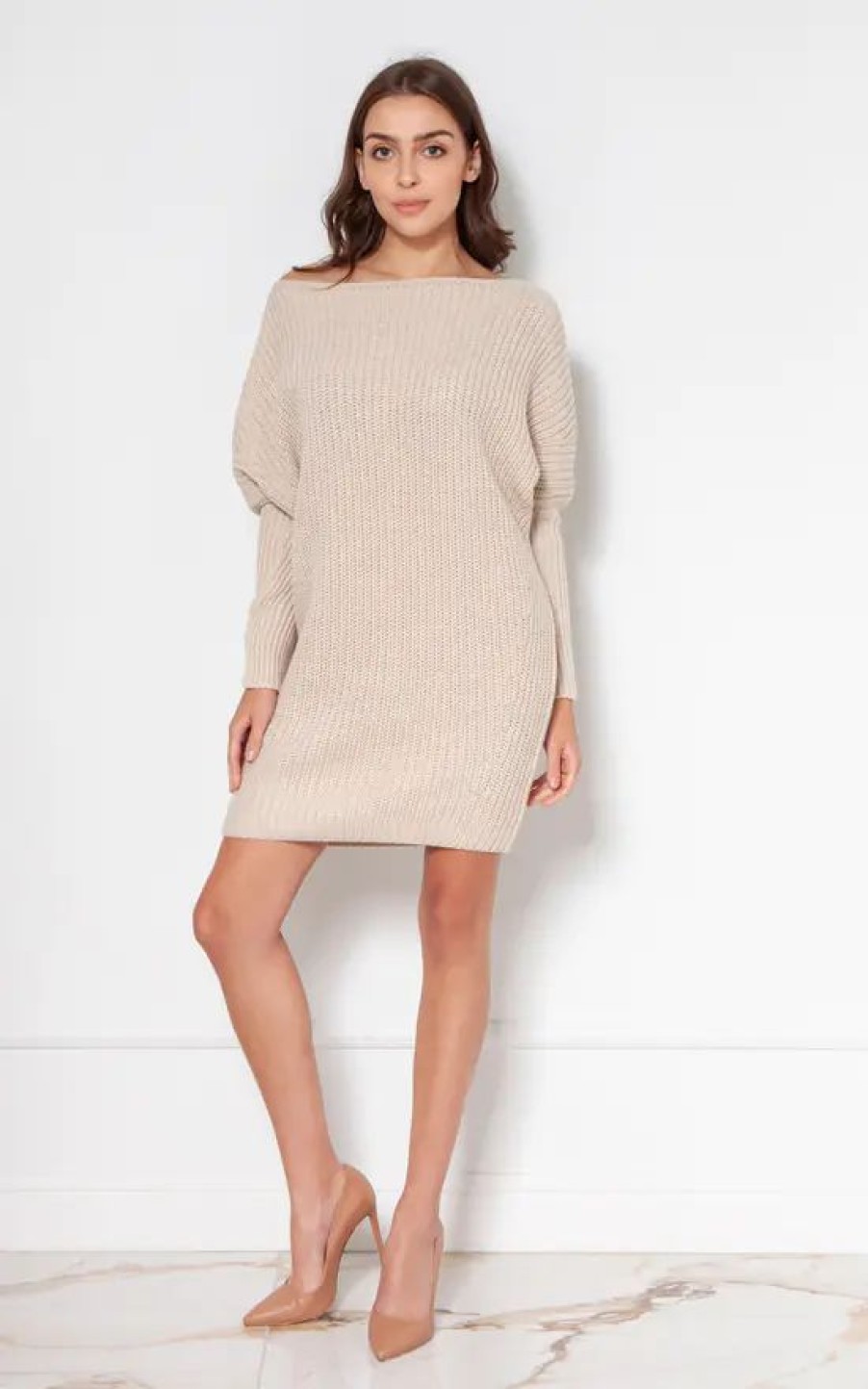 Dresses * | Best Reviews Of Lanti Oversized Mini Knitted Dress In Beige