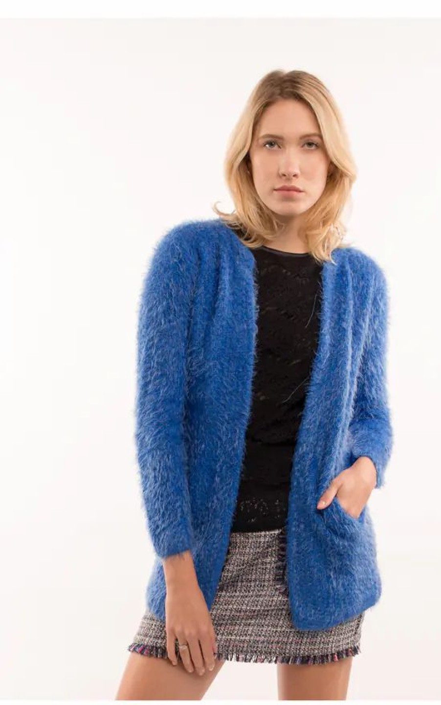 Knitwear * | Deals Cy Boutique Fluffy Long Sleeve Cardigan In Blue