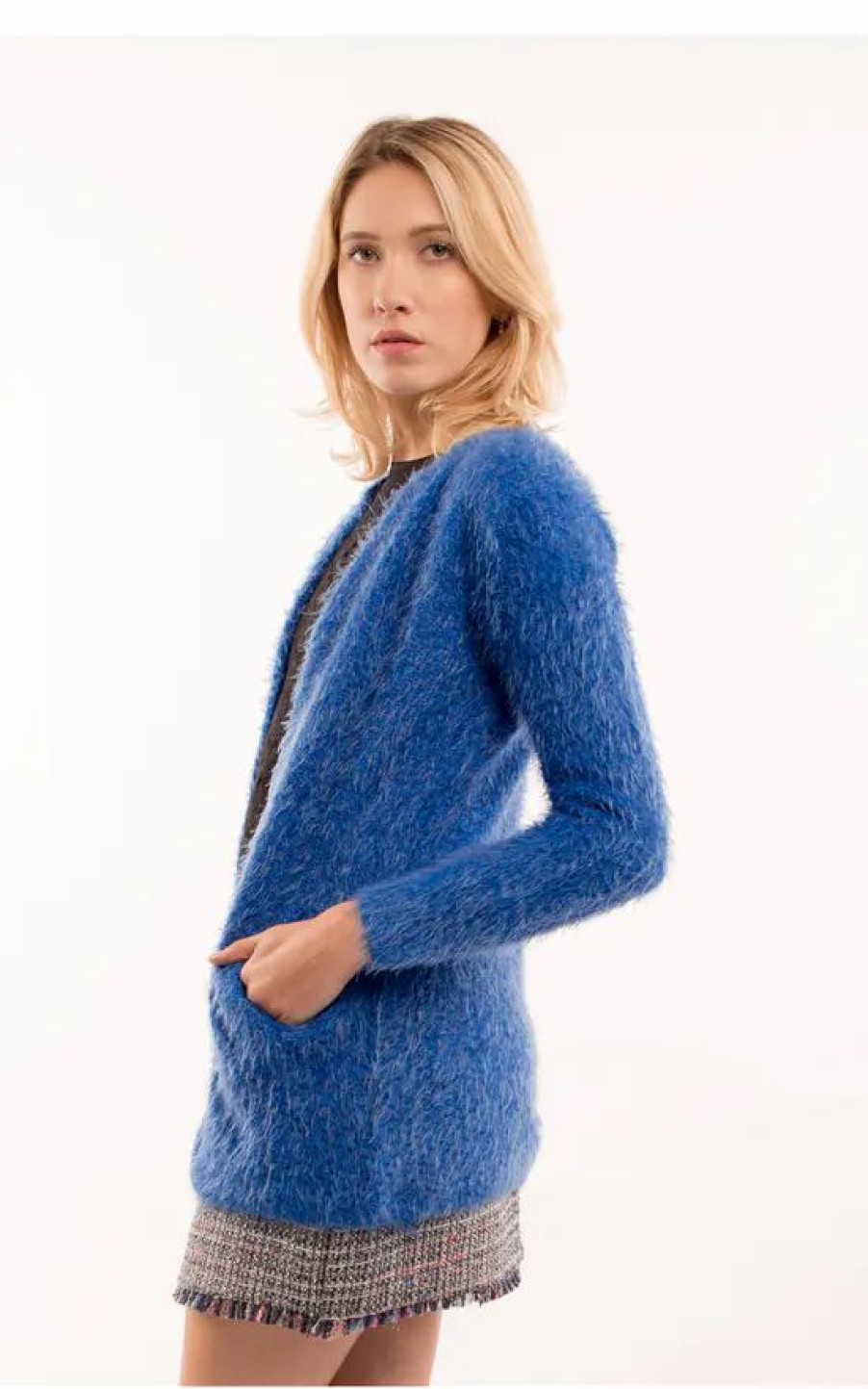 Knitwear * | Deals Cy Boutique Fluffy Long Sleeve Cardigan In Blue