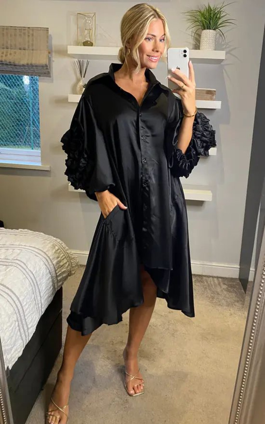 Tops * | Flash Sale Cy Boutique Oversized Shirt Dress With Floral Sleeves In Black