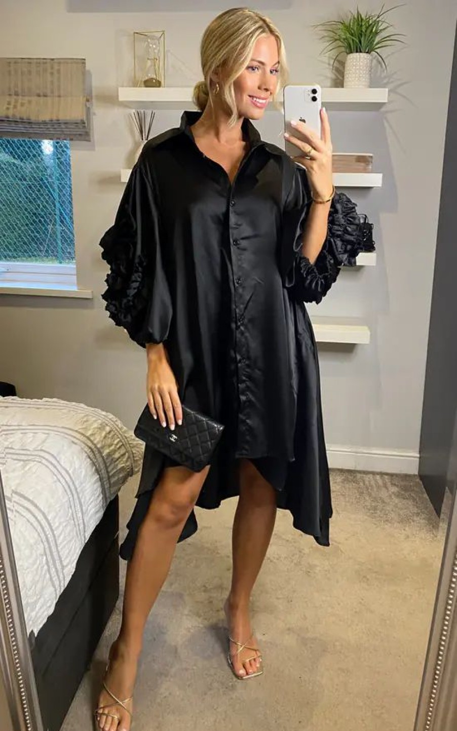 Tops * | Flash Sale Cy Boutique Oversized Shirt Dress With Floral Sleeves In Black