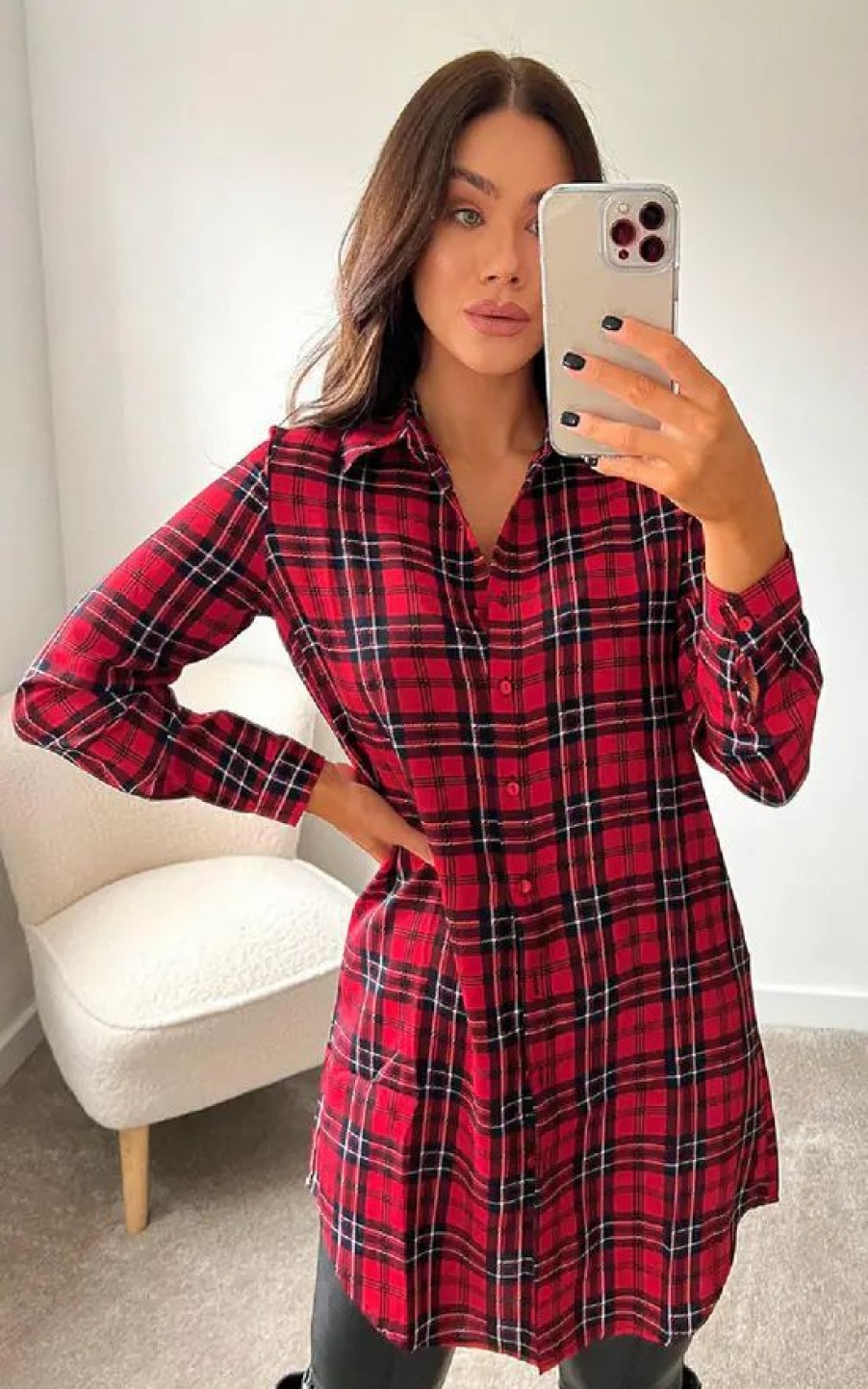 Tops * | Buy Ikrush Yasmin Longline Checked Shirt In Red