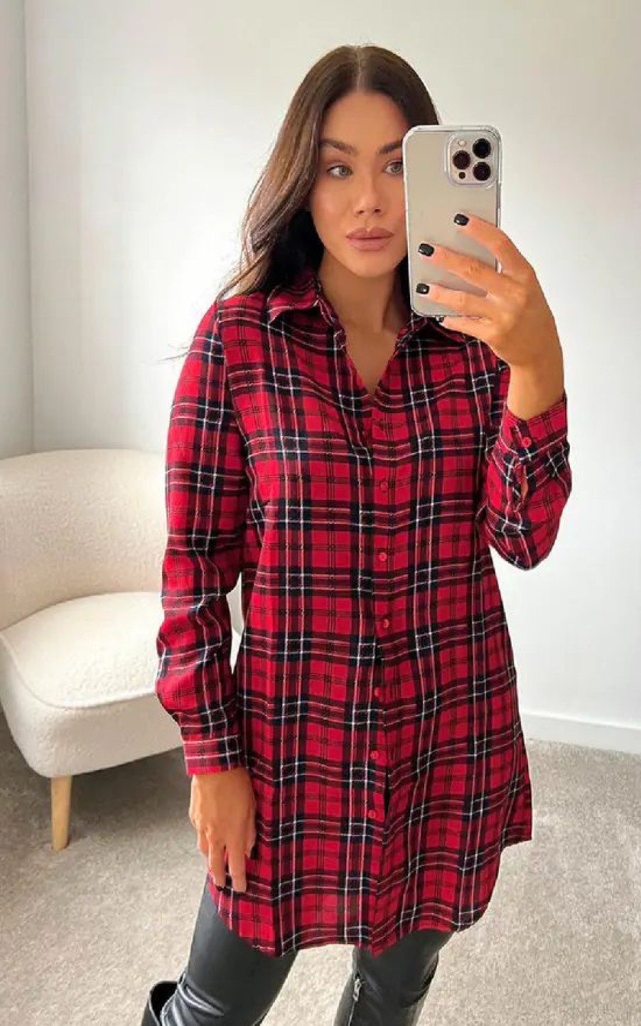 Tops * | Buy Ikrush Yasmin Longline Checked Shirt In Red