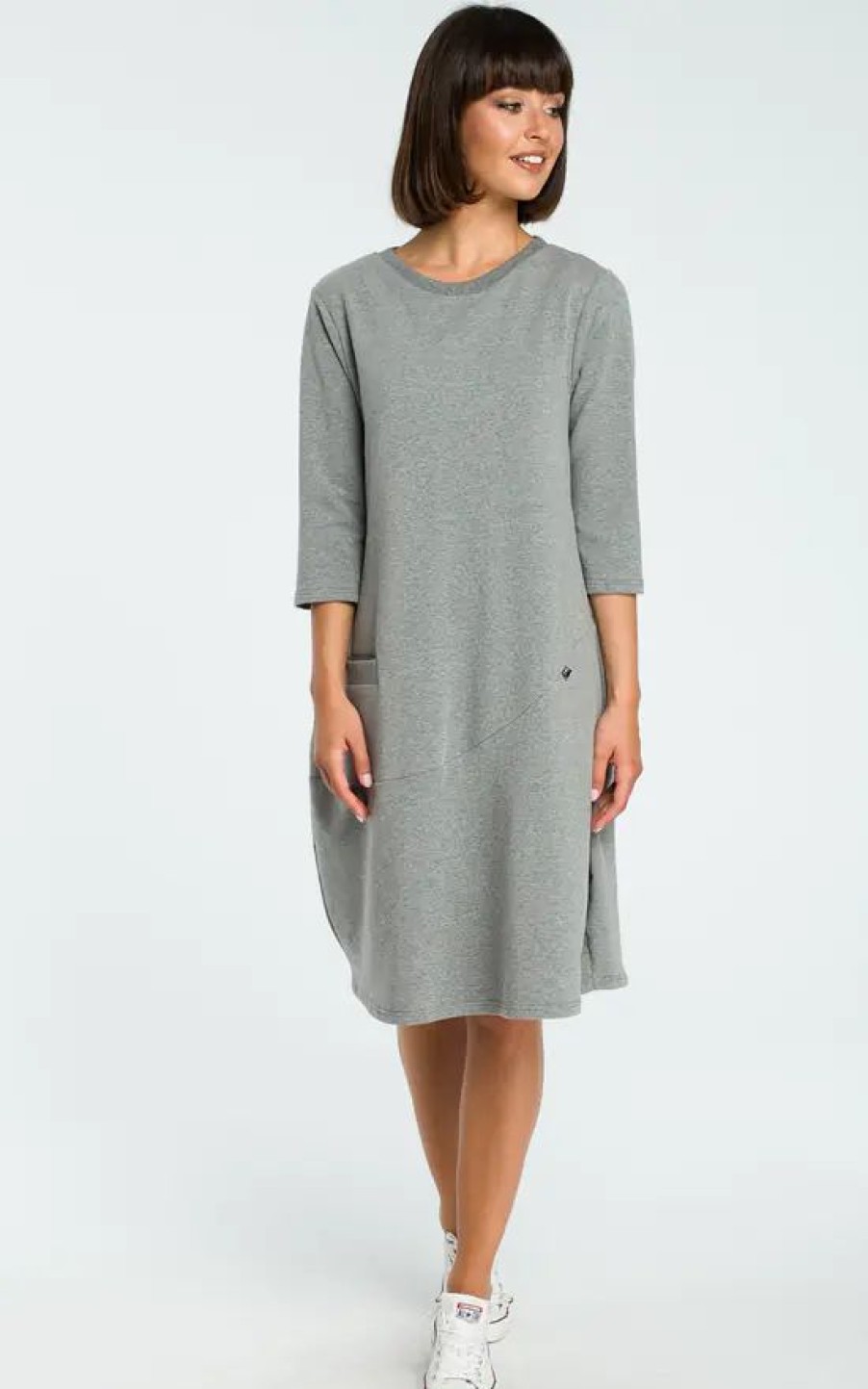 Dresses * | Cheap Moe Grey 3/4 Sleeve Oversized Midi Dress