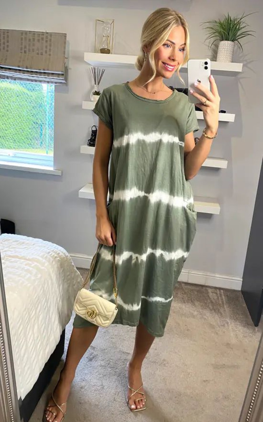 Dresses * | Wholesale Belle Love Italy 2 Pocket Cap Sleeve Midi Tie Dye Casual Dress Khaki