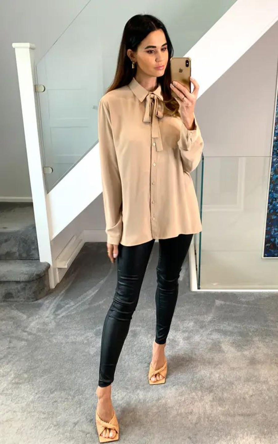 Tops * | Wholesale Hoxton Gal Tie Neck Oversized Top With Long Sleeves In Cream