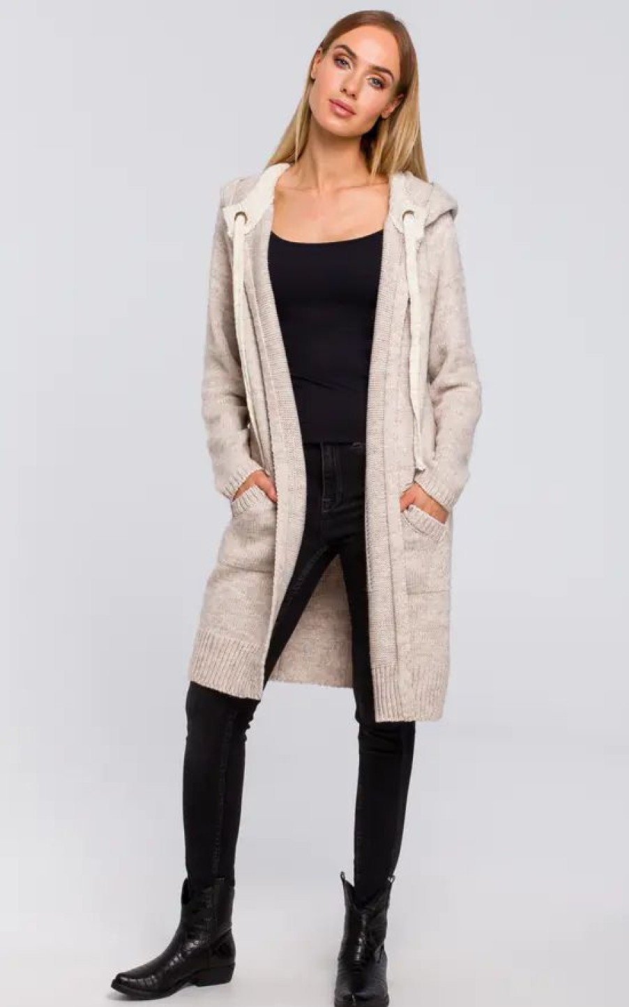 Knitwear * | Promo Moe Beige Hooded Longline Cardigan With Drawstrings