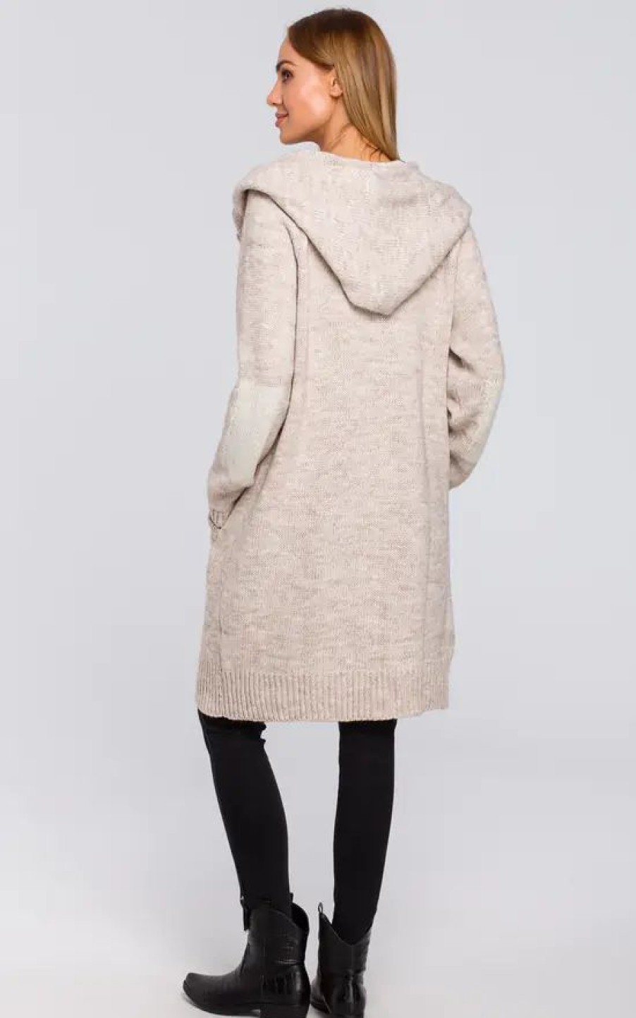 Knitwear * | Promo Moe Beige Hooded Longline Cardigan With Drawstrings