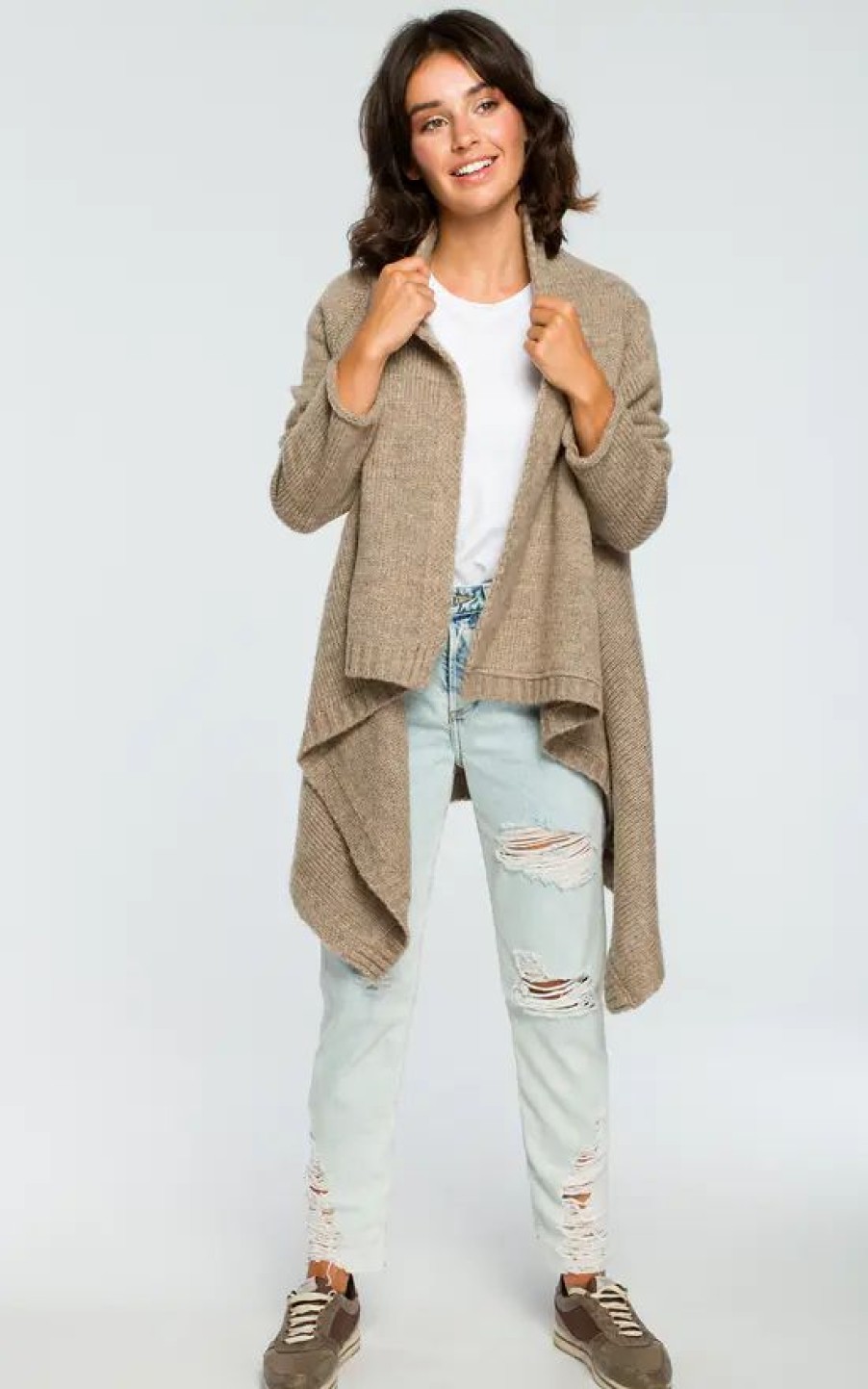 Knitwear * | Budget Moe Light Brown Waterfall Long Cardigan