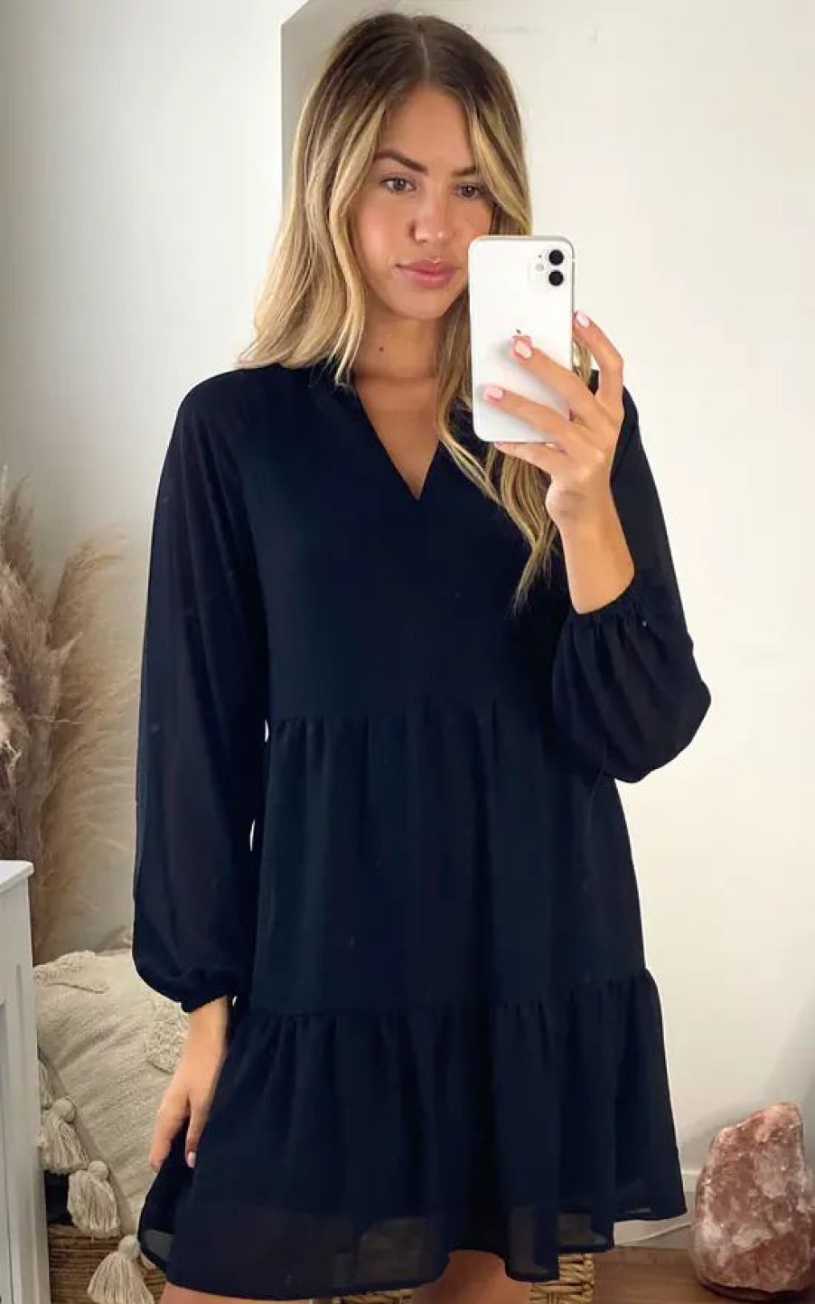 Dresses * | Buy Object Smock Dress With Long Sheer Sleeves In Black