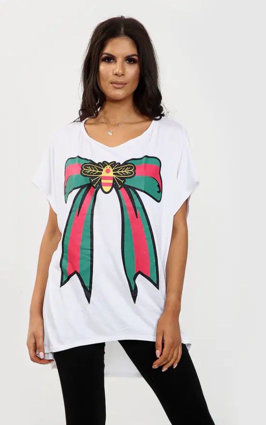 Tops * | Best Sale Oops Fashion White Batwing Oversized Tshirt With Graphic Print Bow